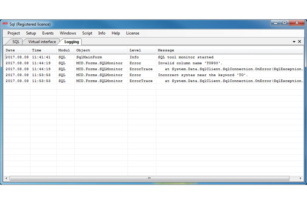 Toolmonitor SQL - Logging screen